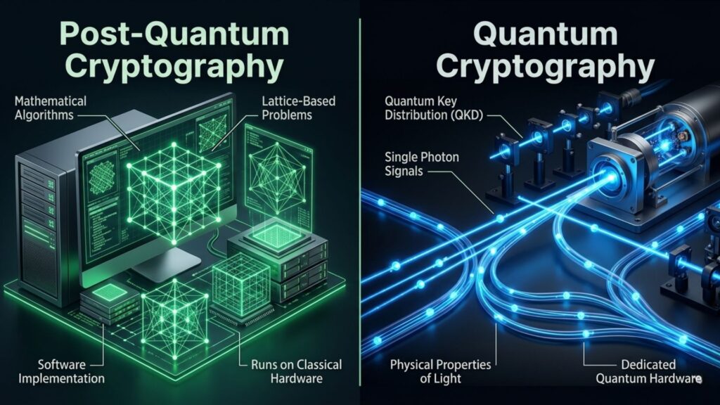 Split screen comparison between Post-Quantum Cryptography using mathematical algorithms on classical hardware versus Quantum Cryptography using photon-based quantum hardware