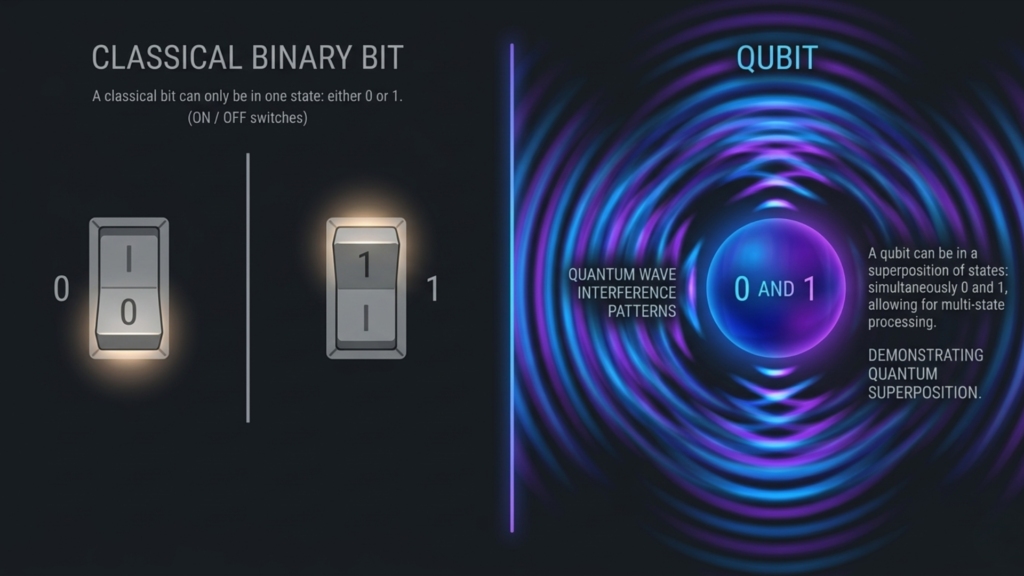 Side by side comparison of a classical computing bit showing 0 or 1 versus a quantum computing qubit existing in superposition of both states simultaneously
