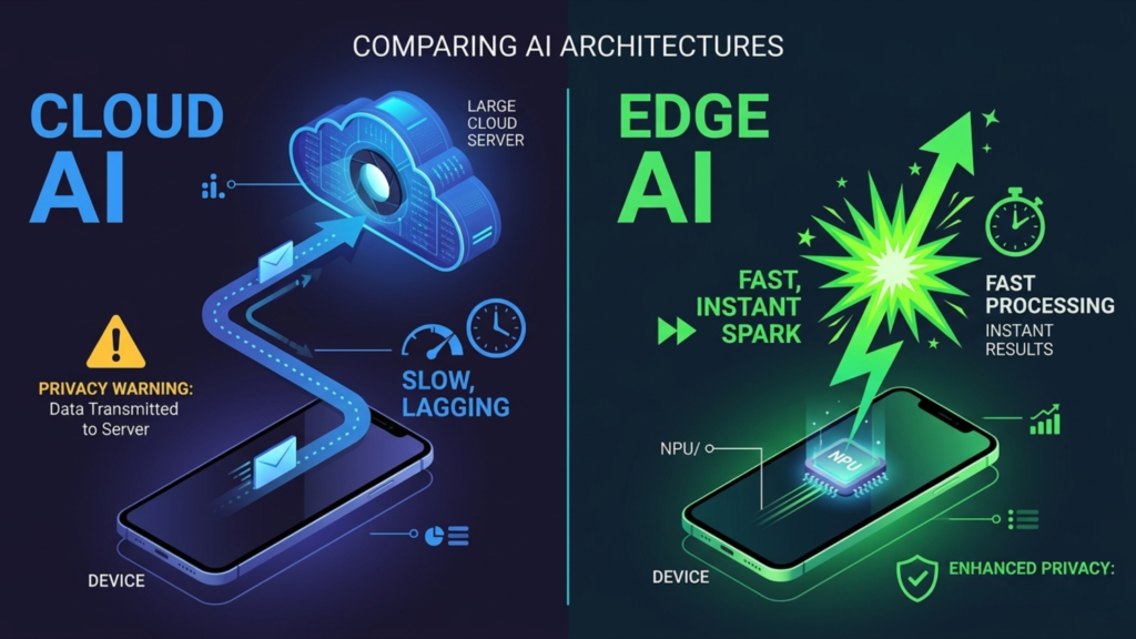 Split screen infographic comparing Edge AI processing data locally on a device versus Cloud AI sending data to a remote server with latency and privacy risks