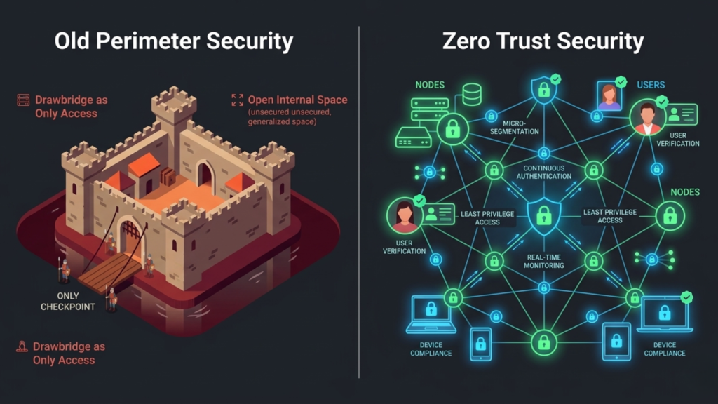 Split screen infographic comparing traditional castle and moat perimeter security model versus modern Zero Trust Security where every user and device is individually verified