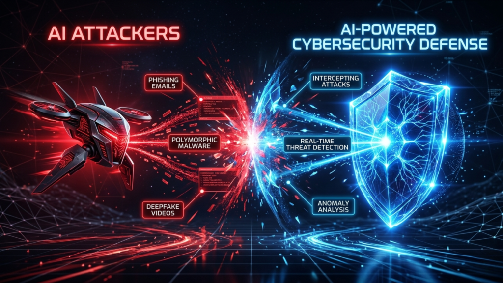 Split visualization showing AI-powered cyberattacks on the left being countered by AI-powered cybersecurity defenses on the right in a digital battlefield