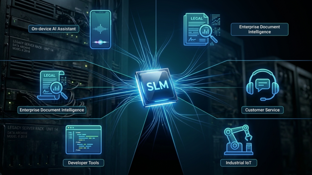 Infographic comparing Small Language Models versus Large Language Models across cost, speed, privacy, and deployment flexibility