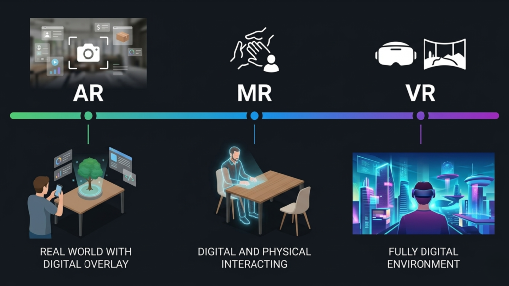 Horizontal spectrum infographic showing the Spatial Computing range from Augmented Reality through Mixed Reality to Virtual Reality with clear labels and icons