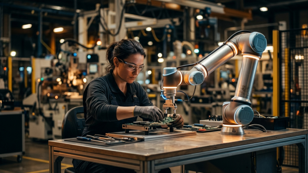 Human worker and collaborative autonomous robot arm working side by side at an industrial workbench in perfect synchronized harmony