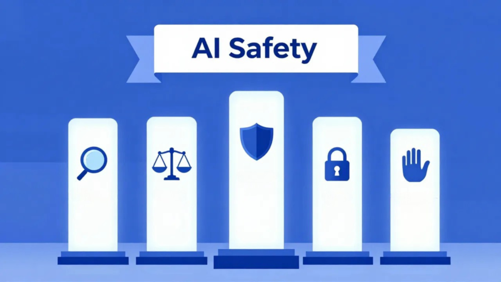 Illustration of the five pillars of AI safety — Transparency, Fairness, Robustness, Privacy, and Human Oversight