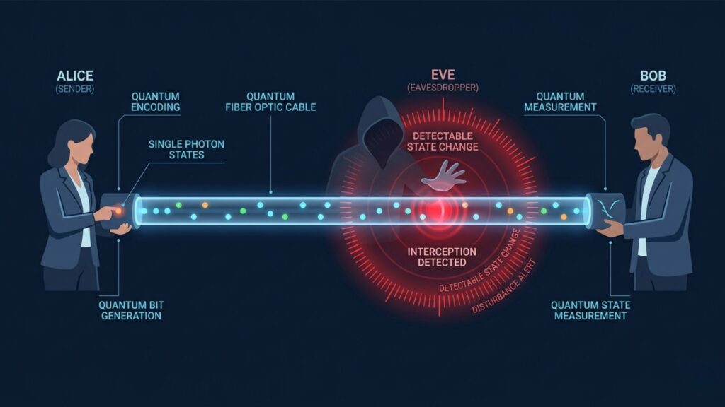 Infographic showing how Quantum Key Distribution works with Alice sending photons to Bob while eavesdropper Eve is detected disrupting the quantum channel