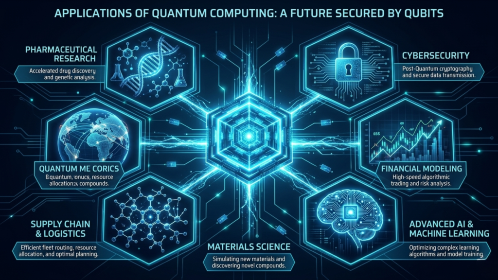 Hexagonal grid showing six real-world quantum computing use cases including cybersecurity, pharmaceuticals, finance, AI, materials science, and logistics