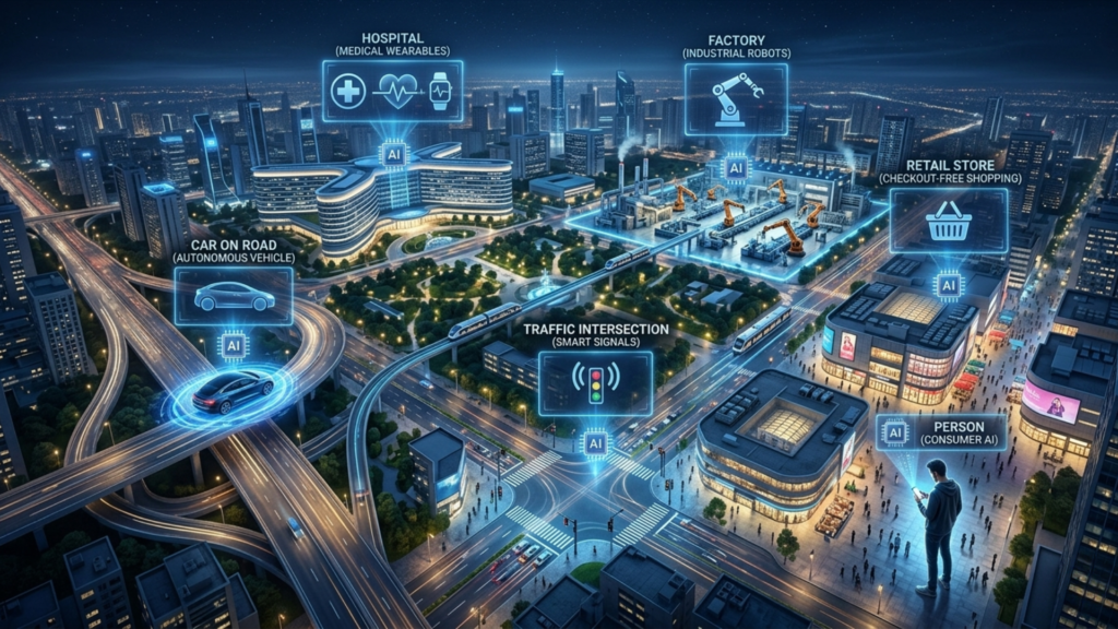 Aerial city illustration showing Edge AI deployed across six real-world locations including hospitals, factories, autonomous vehicles, retail stores, traffic systems, and smartphones