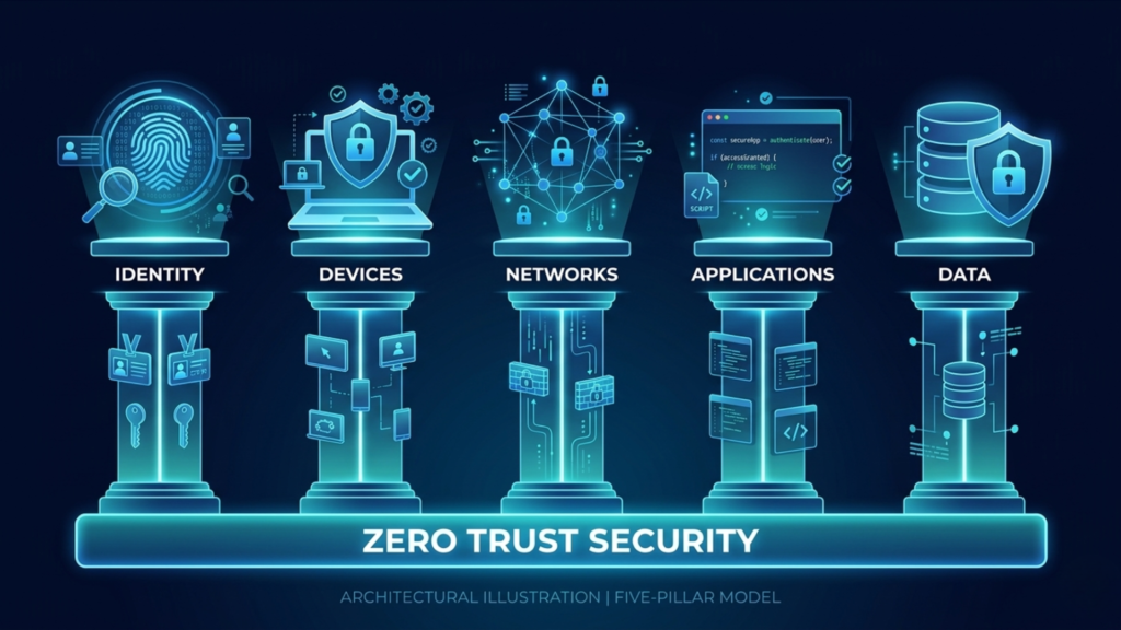 Diagram showing the five pillars of Zero Trust Security architecture — Identity, Devices, Networks, Applications, and Data — each with individual security controls