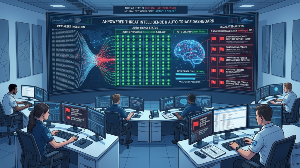 Modern Security Operations Center where AI-powered cybersecurity system automatically triages thousands of alerts allowing human analysts to focus on genuine threats