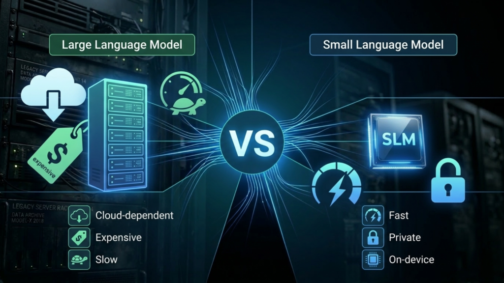 Five panel illustration showing real-world Small Language Models use cases including on-device AI, enterprise documents, customer service, developer tools, and industrial IoT