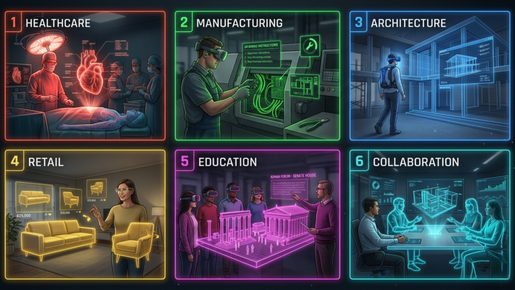 Six panel grid showing Spatial Computing deployed across healthcare surgery, manufacturing, architecture, retail, education, and remote collaboration in 2026