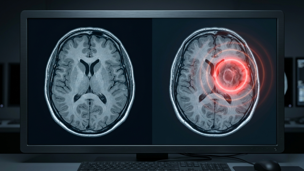 Glowing DNA double helix surrounded by orbiting molecular structures and laboratory equipment representing AI accelerated drug discovery in healthcare