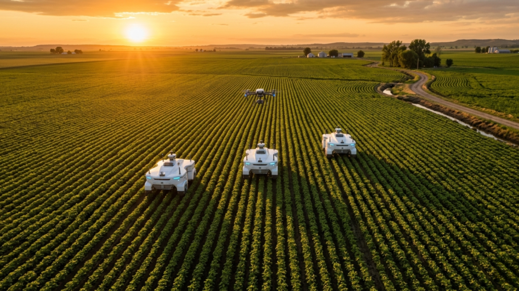Aerial golden hour view of autonomous agricultural robots moving in formation through crop rows with a monitoring drone hovering above the field