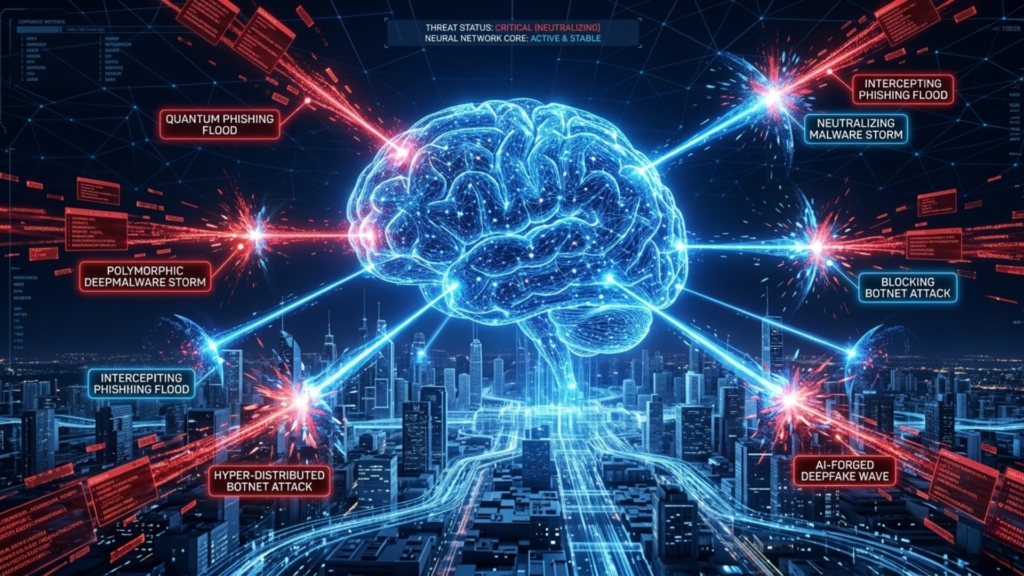 Glowing AI neural network brain intercepting cyberattacks approaching a digital city representing AI-powered cybersecurity defending organizations in real time