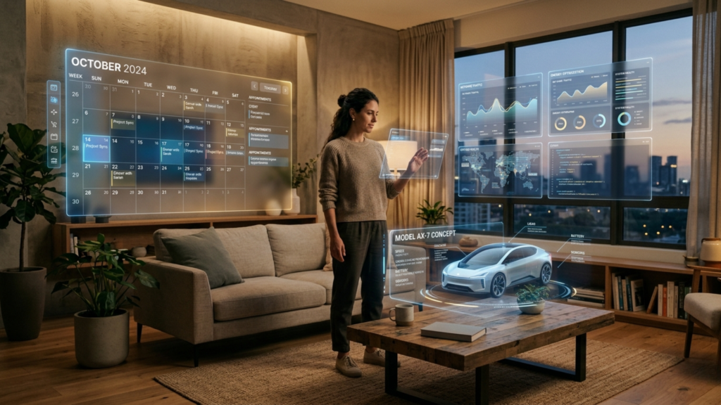 Person surrounded by floating holographic digital interfaces in a physical living room representing Spatial Computing merging physical and digital worlds seamlessly