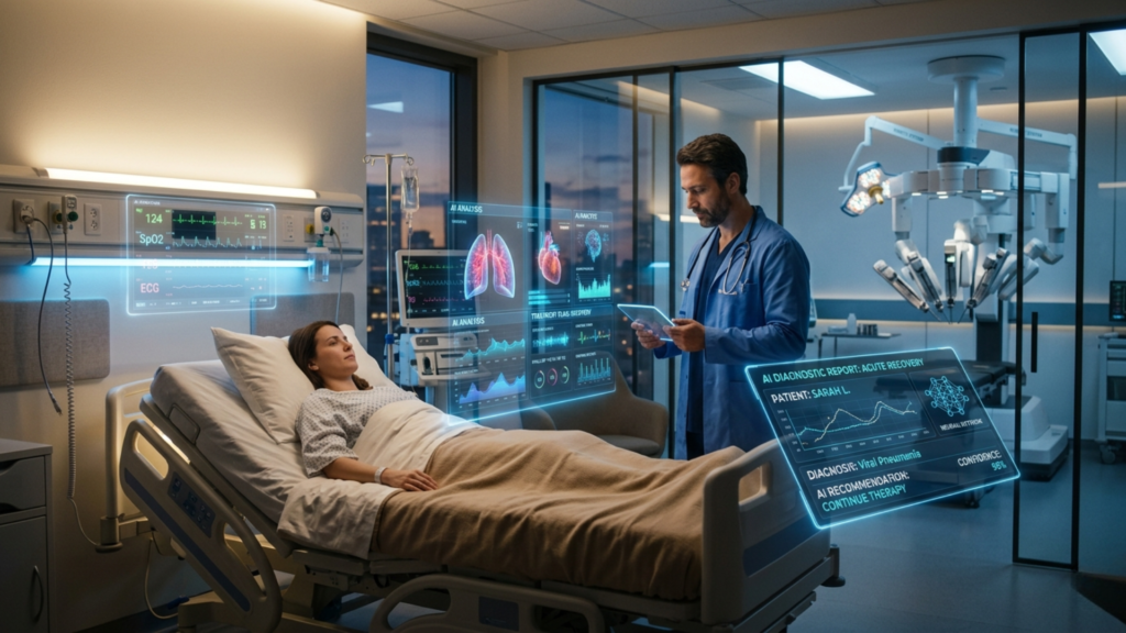 Futuristic hospital room showing AI in Healthcare through holographic health monitoring, AI diagnostics on a doctor's tablet, and robotic surgical assistance