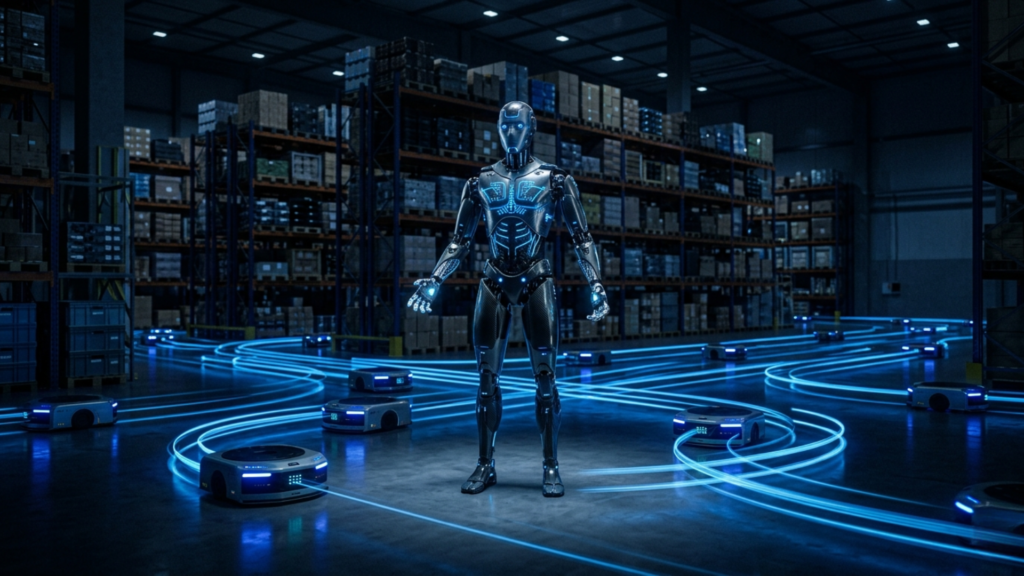 Humanoid autonomous robot standing in a glowing warehouse surrounded by autonomous mobile robots navigating the floor with electric blue light trails